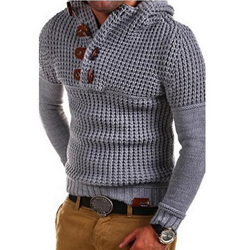 Button-Neck Hooded Knit Pullover