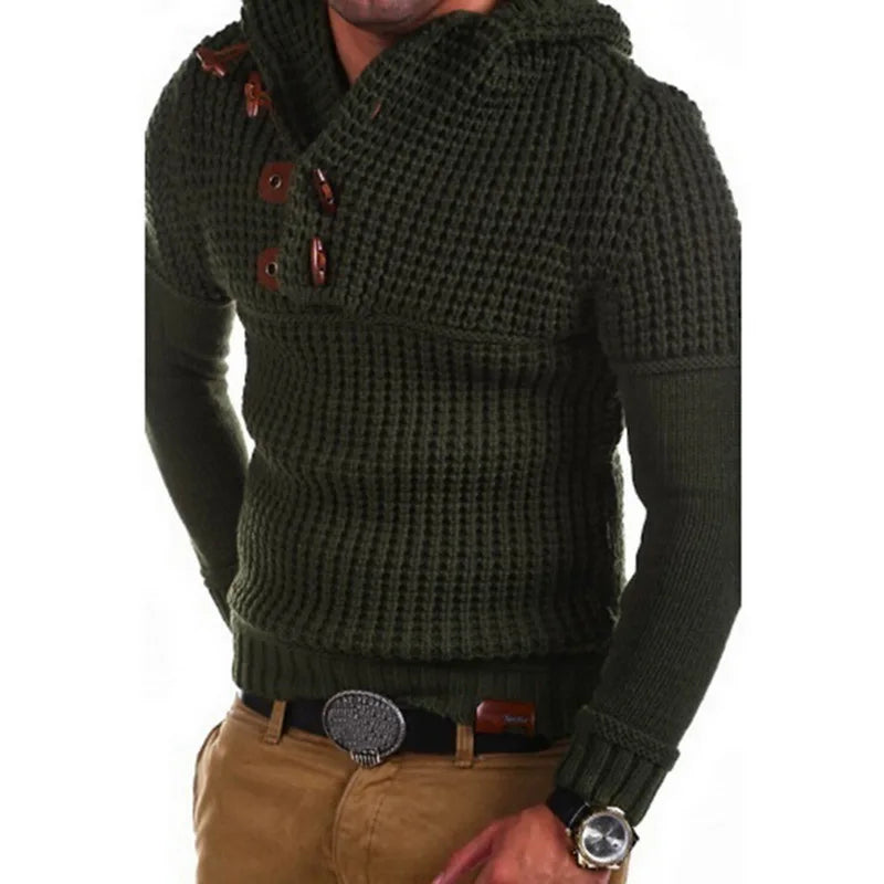 Button-Neck Hooded Knit Pullover