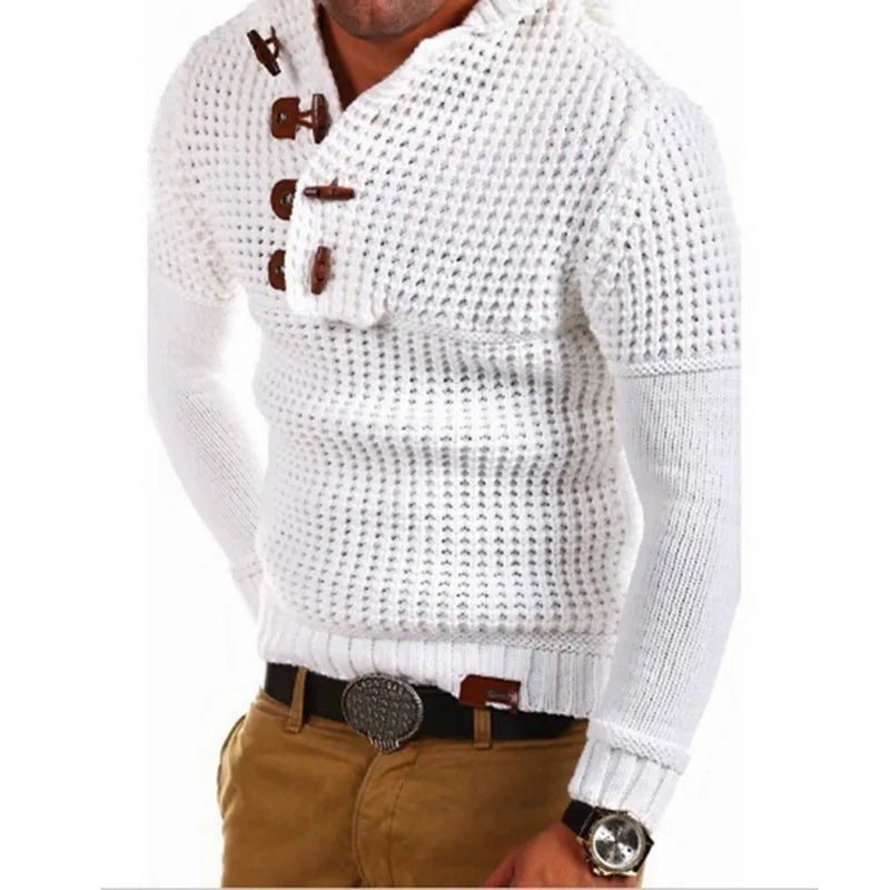 Button-Neck Hooded Knit Pullover