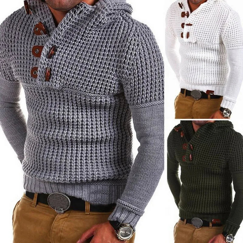 Button-Neck Hooded Knit Pullover