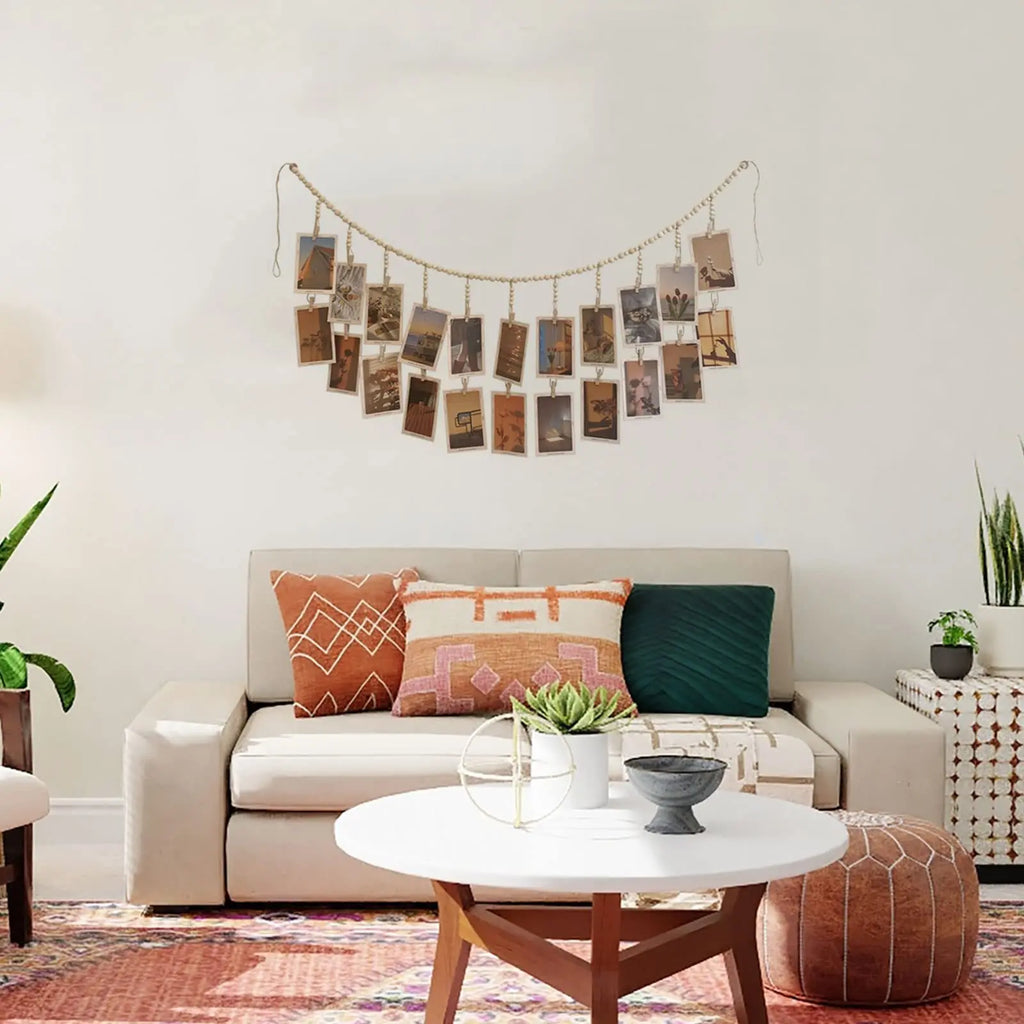 Wooden-Bead Hanging Photo Display
