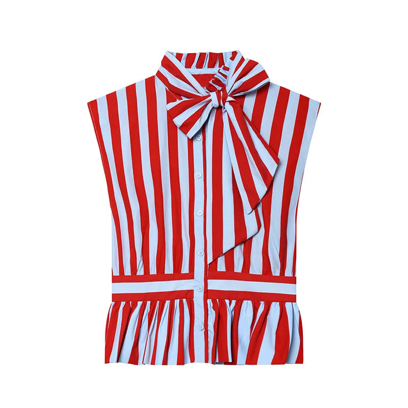 Bow-Detail Sleeveless Stripe Shirt