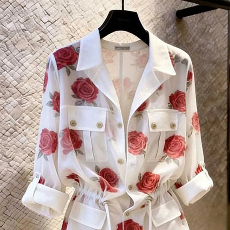 Rose-Print Tie-Waist Shirt