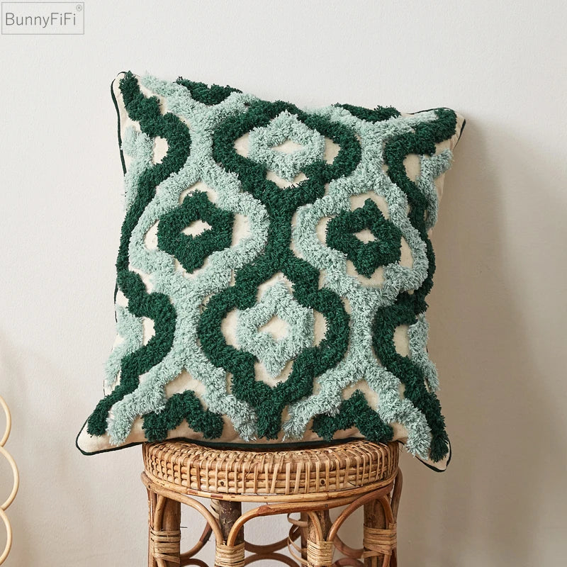 Blue Tufted Geometric Cushion Cover