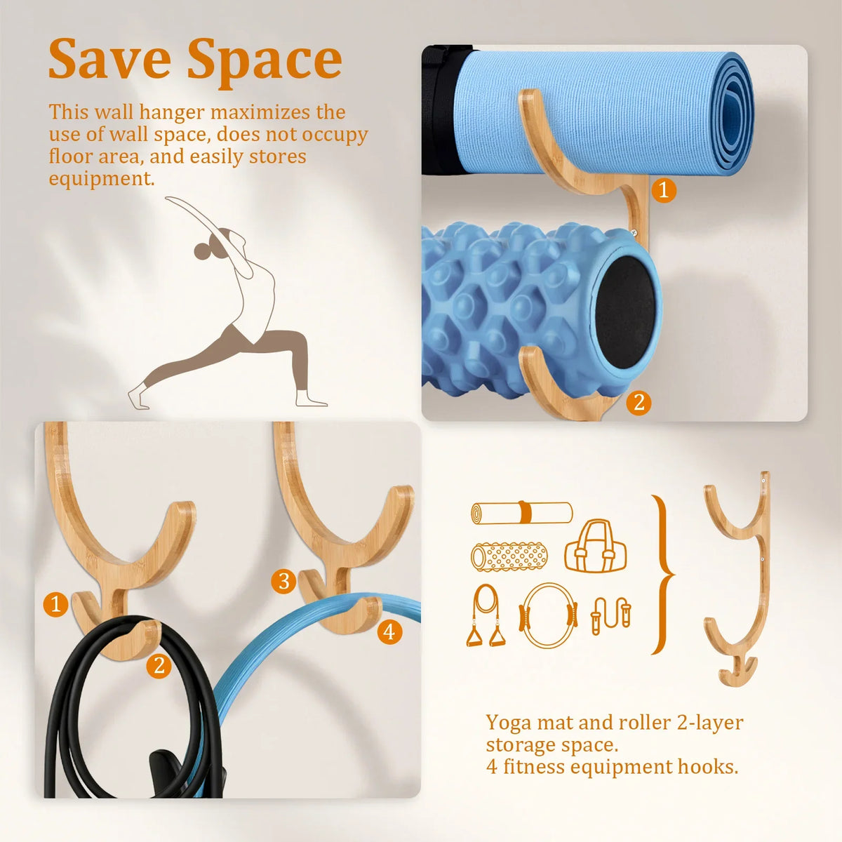 Wooden Yoga Mat Wall Rack Pair