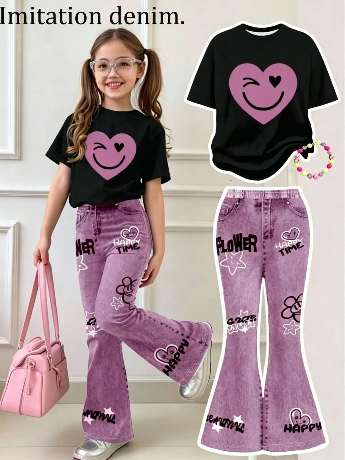 Smiley Top & Purple Flared Pants Set