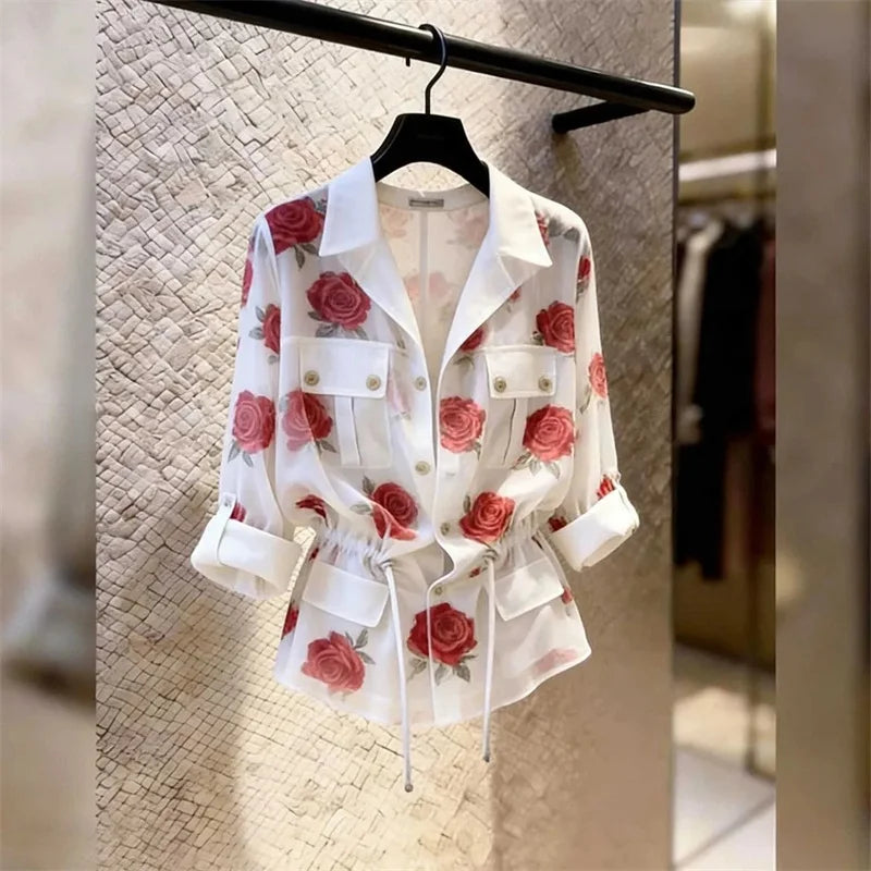 Rose-Print Tie-Waist Shirt