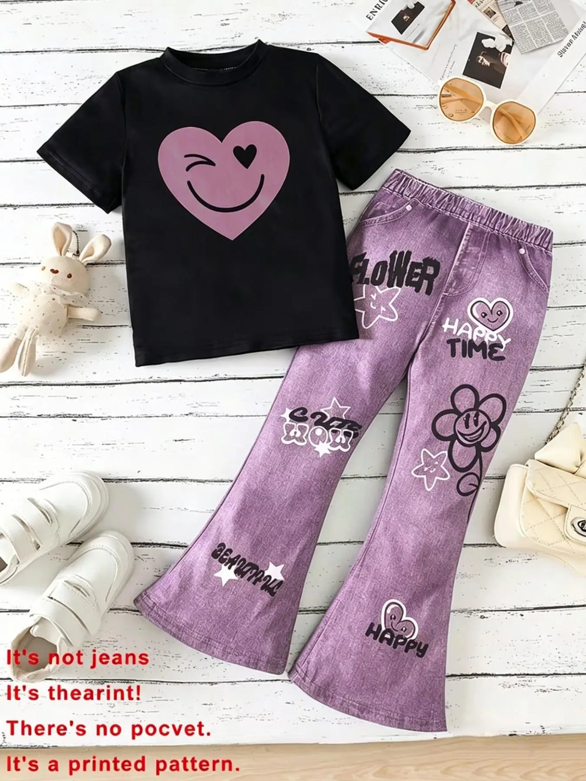 Smiley Top & Purple Flared Pants Set