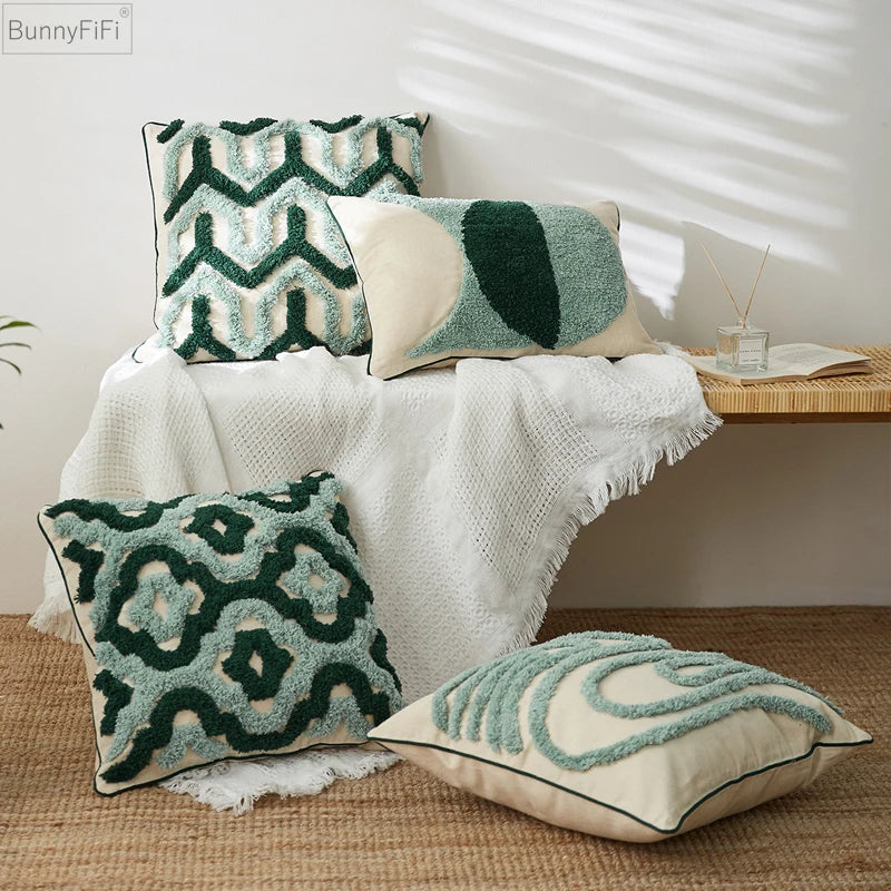 Blue Tufted Geometric Cushion Cover