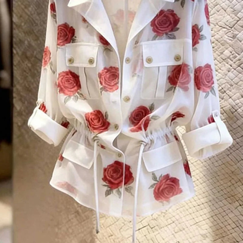 Rose-Print Tie-Waist Shirt