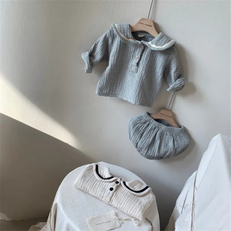 Navy-Inspired Cotton Shirt & Bloomer Set