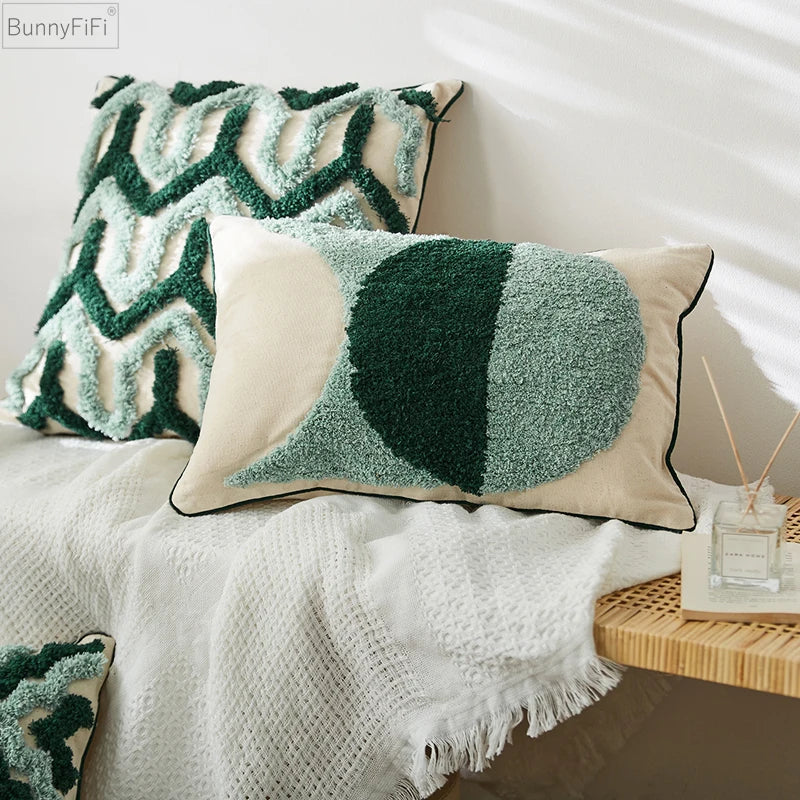 Blue Tufted Geometric Cushion Cover