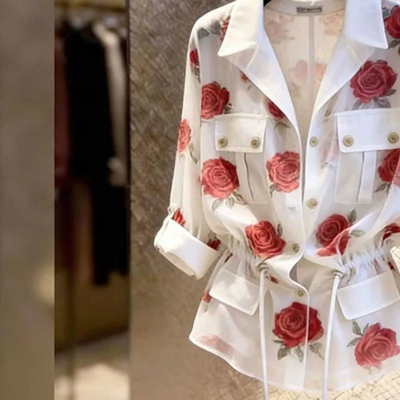 Rose-Print Tie-Waist Shirt