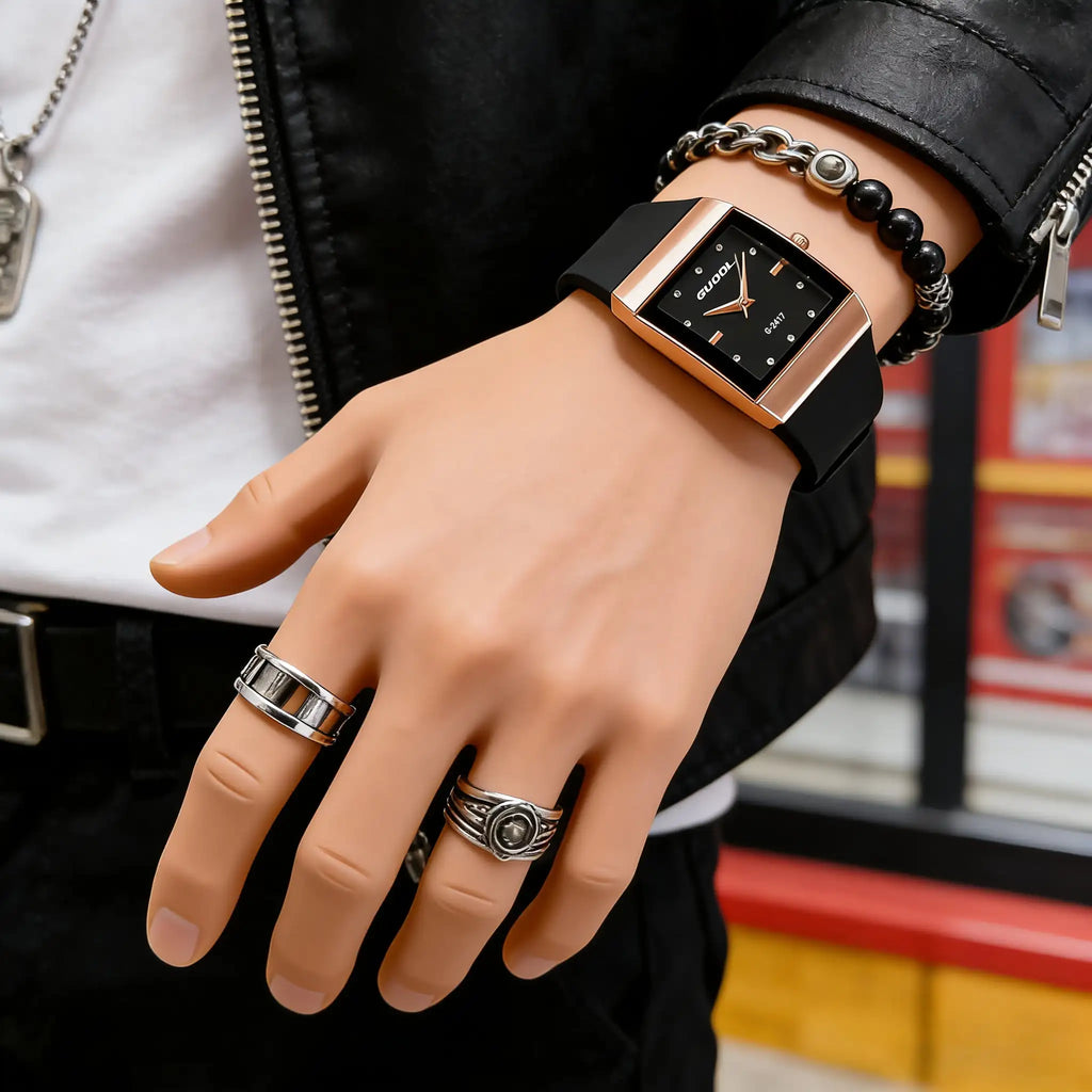Square Dial Rubber-Strap Quartz Watch