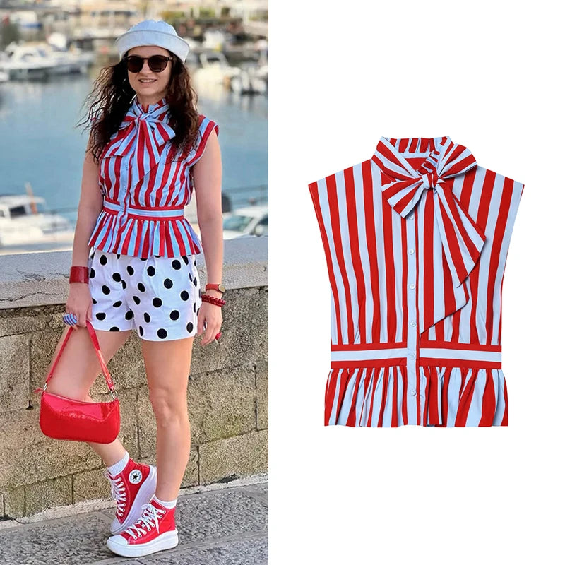 Bow-Detail Sleeveless Stripe Shirt