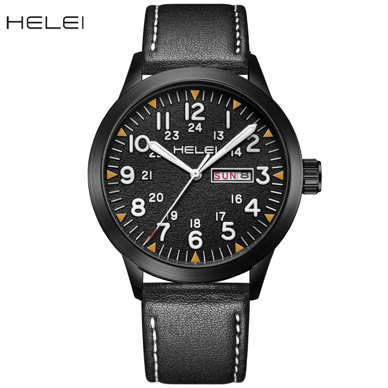 Leather-Strap Calendar Quartz Watch