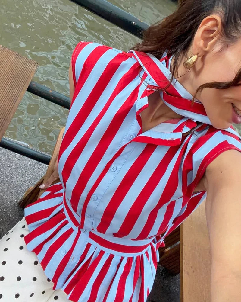 Bow-Detail Sleeveless Stripe Shirt