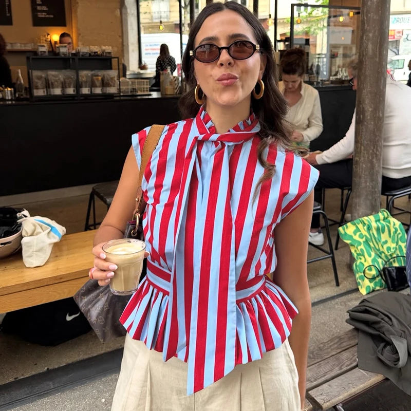 Bow-Detail Sleeveless Stripe Shirt