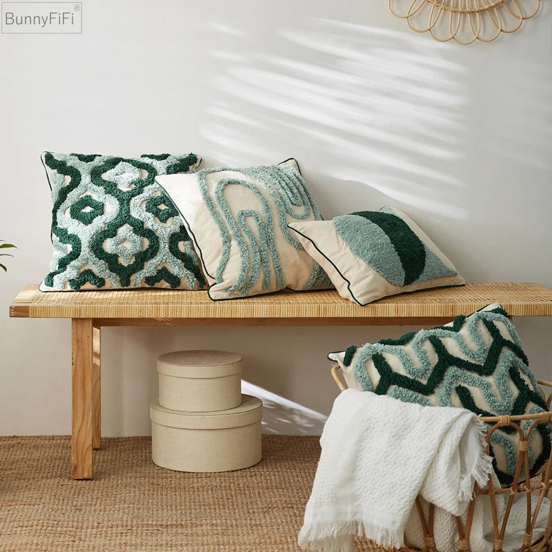 Blue Tufted Geometric Cushion Cover